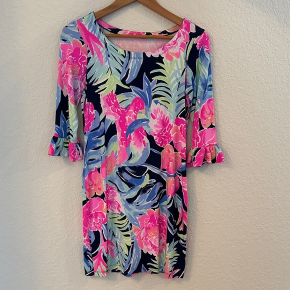Lilly Pulitzer Dresses & Skirts - Lilly Pulitzer XS Tropical Floral Scoop Neck Dress - Navy, Hot Pink & Aqua